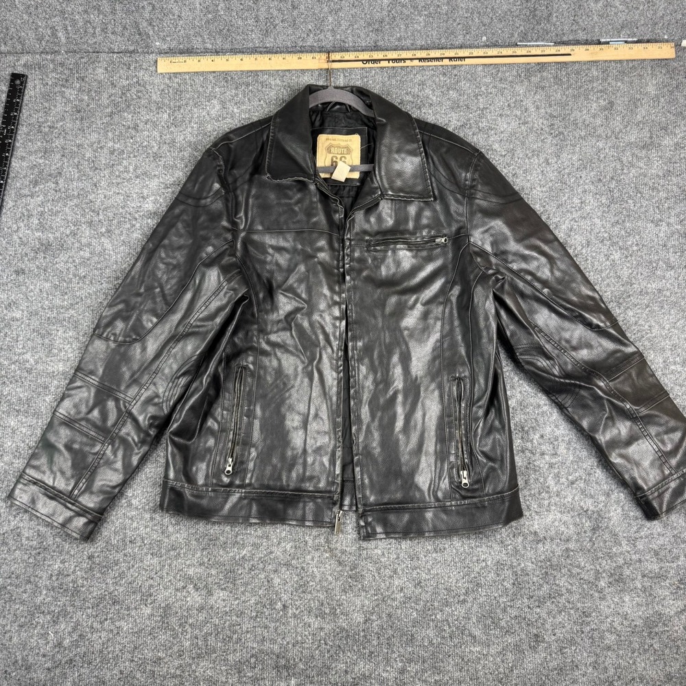 Route 66 Jacket Mens Size L Black Leather Cafe Racer Full Zip Moto Biker Good